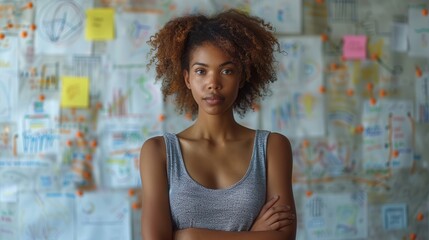 Confident Woman in Front of Creative Project Wall