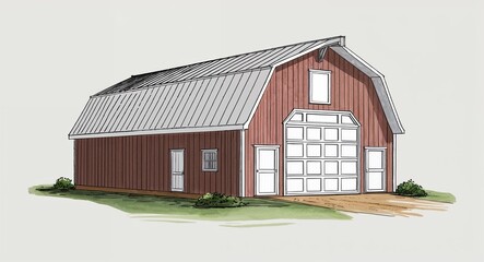 Obraz premium Hand drawing clipart of a barndominium on plain white background