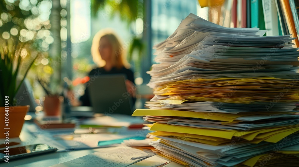 Wall mural A cluttered office workspace with stacked papers and a person working in the background.