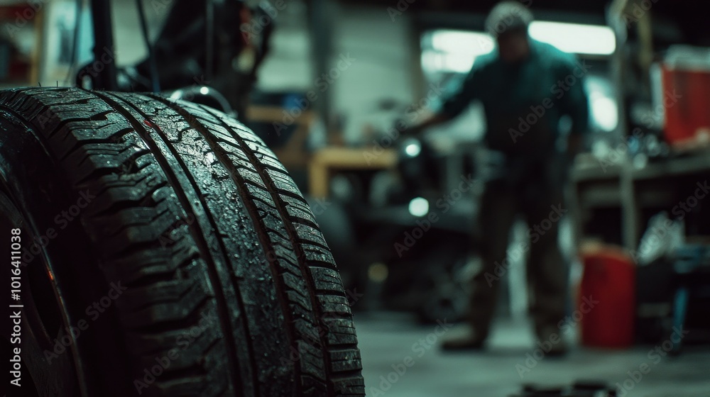 Sticker A close-up of a tire in a garage, with a mechanic working in the background.