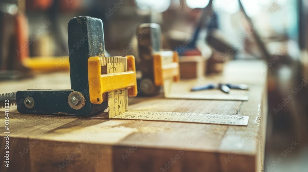 Poster close-up of clamps and measuring tools on a wooden workbench in a workshop setting.