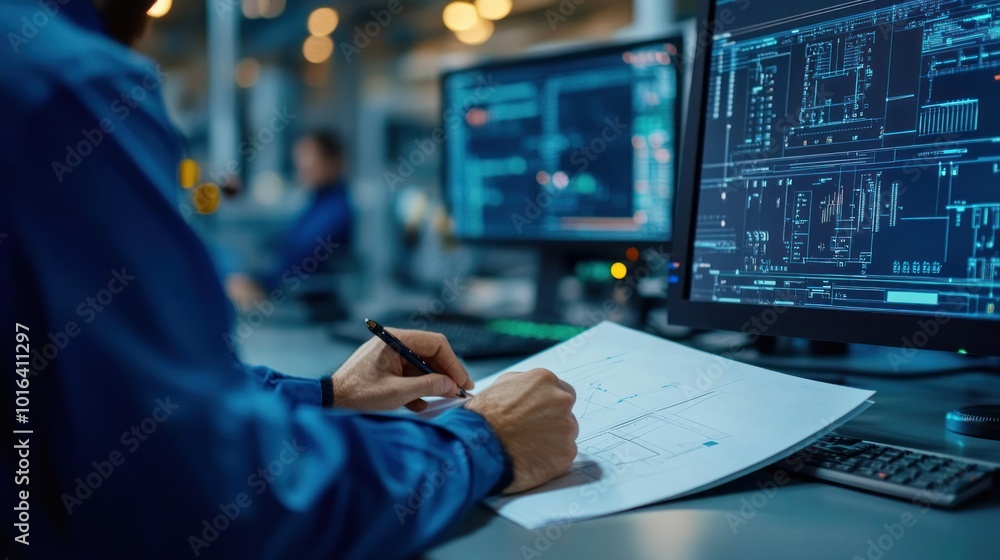 Poster a person sketches designs while working on computers in a modern industrial workspace.