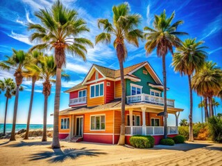 Obraz premium Charming Beach House Surrounded by Palm Trees and a Bright Blue Sky on a Sunny Coastal Day