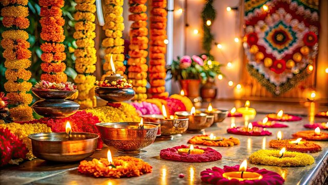Vibrant Hindu festival decorations, diyas, and flowers adorn a traditional Indian entrance, welcoming the new year with joy, prosperity, and festive spirit.