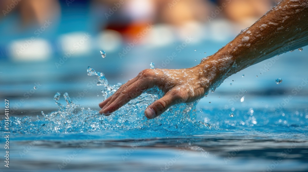 Poster A close-up of a hand splashing water, capturing the motion of swimming.