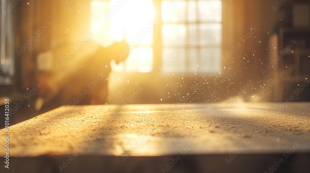 Poster a sunlit workshop with dust particles floating, highlighting craftsmanship in progress.