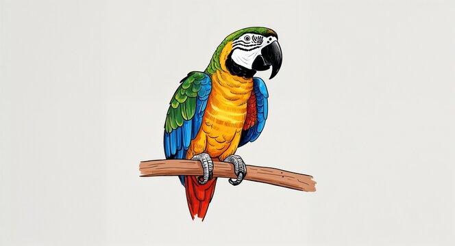 Hand drawing clipart of a colorful parrot sitting on a perch on plain white background