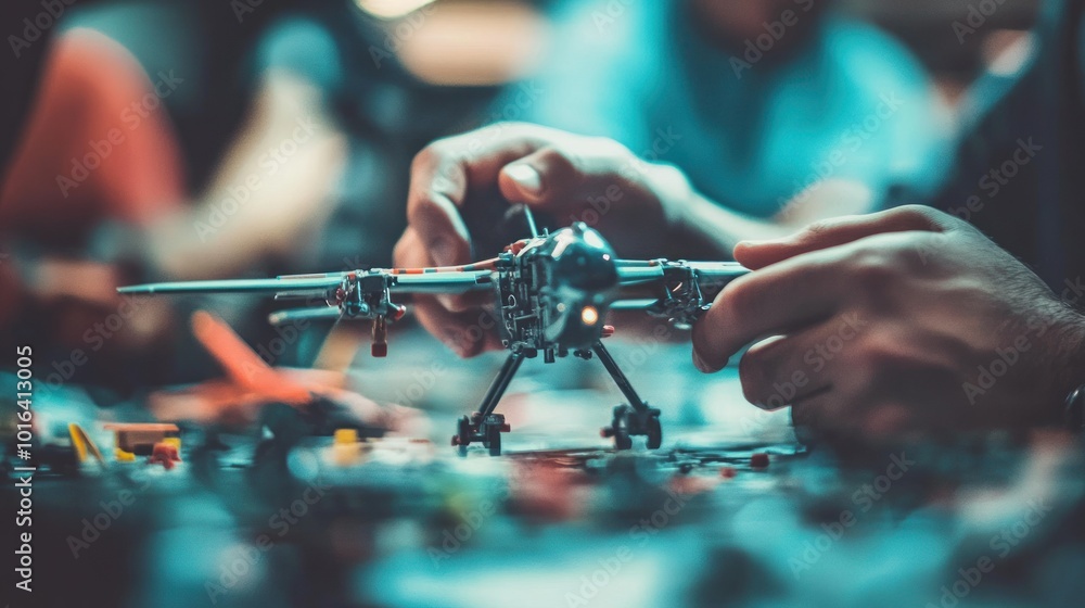 Aufkleber a person assembling a drone with various components on a table.