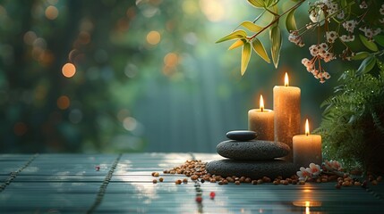 Tranquil Spa Setting with Candles and Stones