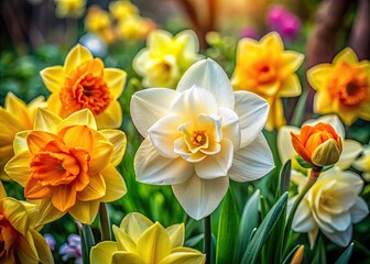 Colorful gardenia and daffodil flowers thrive, radiating vibrancy amid a softly blurred garden setting, creating a stunning visual that captivates the senses.
