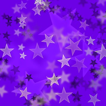 Square purple graphic background with black, white & grey bokeh stars