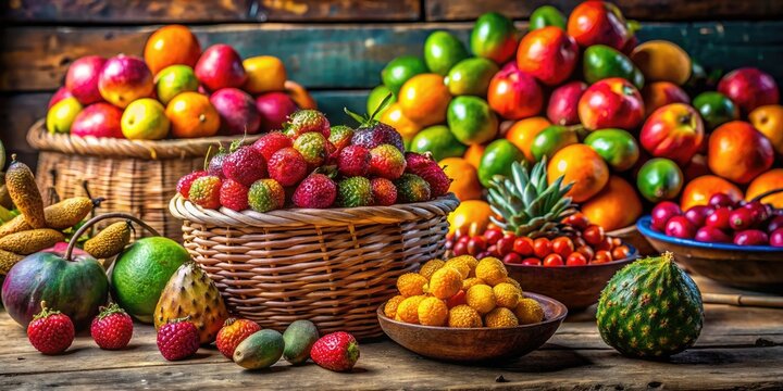 Colorful Fresh Tejocotes on display, their natural textures enhancing a rustic backdrop, create a striking visual that celebrates the essence of the season's bounty.