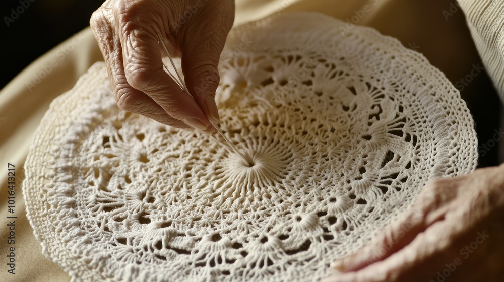 Wall mural An elderly hand skillfully crafts a delicate lace doily with a needle and thread.