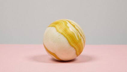 A stone sits on a pink surface with contrasting colors yellowwhite and pink