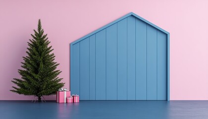 Fototapeta premium A minimalist scene featuring a blue house-shaped wall, a green tree, and pink gifts against a pastel background.