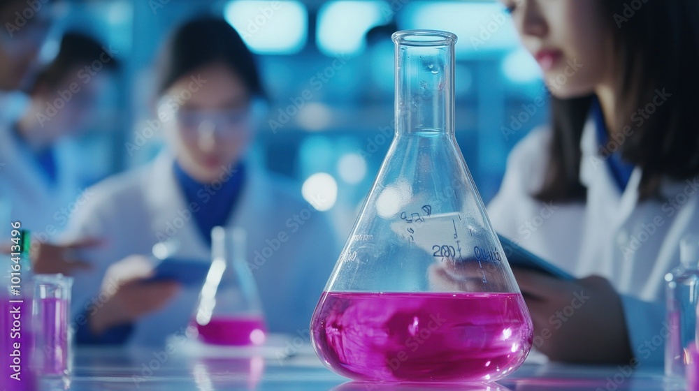 Poster a laboratory scene with scientists working with pink liquid in a flask.