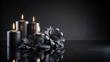 Panoramic black flower and burning candles on black background for funeral announcement