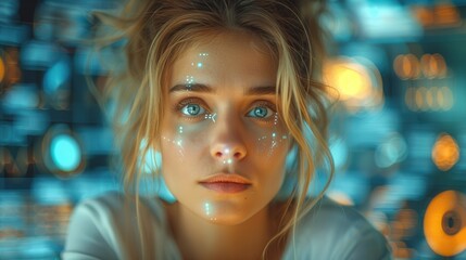 Young Woman with Futuristic Face Art and Vibrant Background