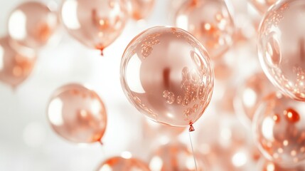 Rose gold balloons floating against a white background, catching the light to create a shiny, celebratory mood