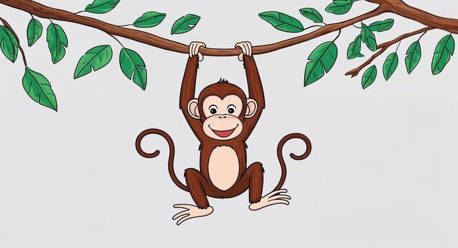 Hand drawing clipart of a curious monkey swinging from branches on plain white background