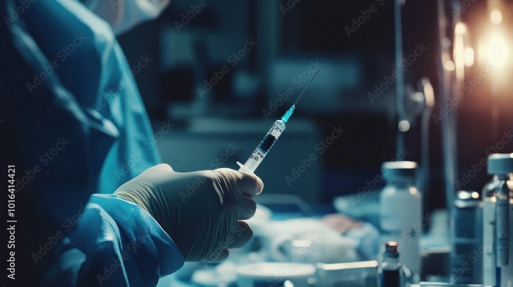 Sticker A healthcare professional holds a syringe in a clinical setting, preparing for a procedure.