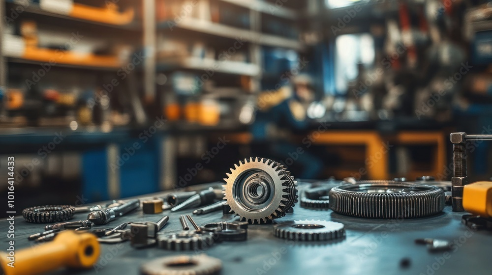 Aufkleber a workshop scene featuring various mechanical tools and gears on a workbench.