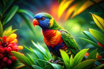 Fototapeta premium Vibrant Parrot Illustration Surrounded by Lush Tropical Leaves in Tilt-Shift Style Photography
