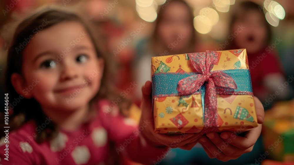 Canvas Prints A child joyfully presents a colorful gift during a festive gathering.