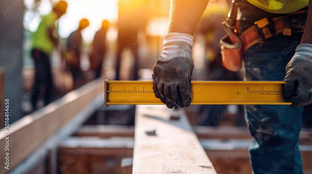 Poster a construction worker uses a level tool on a building site during sunset.