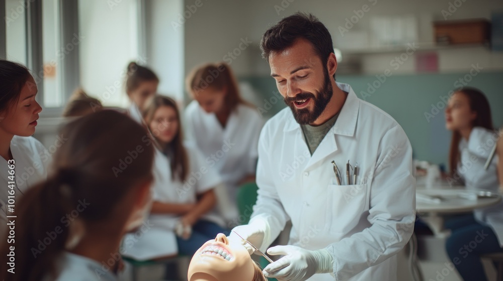 Poster a medical instructor demonstrates techniques on a practice model to students in a classroom.