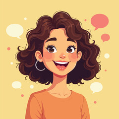 Cute Girl Flat Character With Comic Speech Bubbles Icon Vector Style Illustration