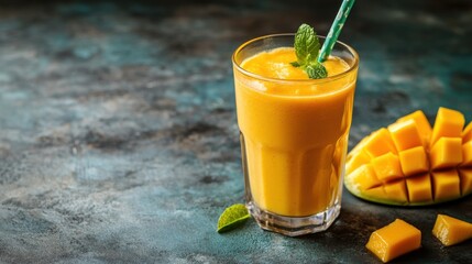 Glass of Mango Lassi with a Straw and Mango Pieces on a Rustic Table