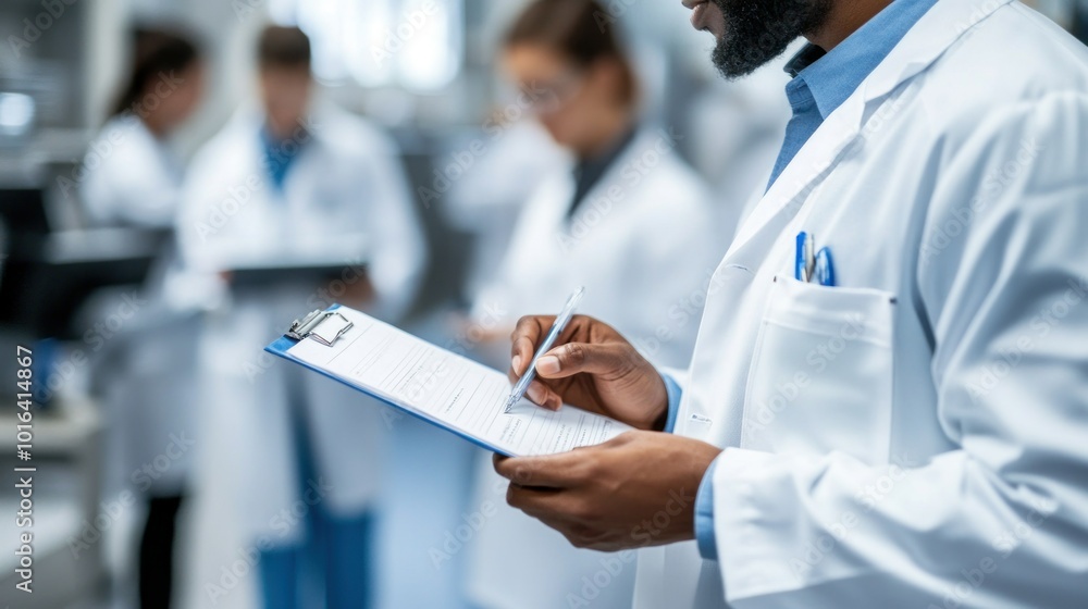 Poster a scientist in a lab coat takes notes on a clipboard while colleagues work in the background.