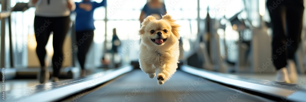 Wall mural A happy dog running on a treadmill in a gym, surrounded by people exercising.