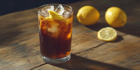 Glass of Sweet Tea with Ice and Lemon Slices on a Wooden Table