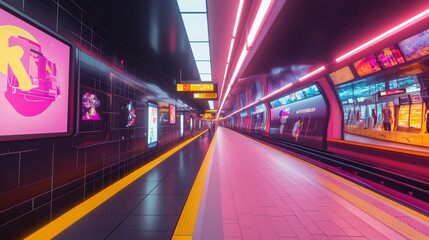 Futuristic Subway Station: A Vibrant Exploration of Neon Lights, Urban Art, and Modern Transportation in a Captivating Underground Environment