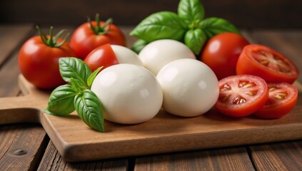Italian buffalo mozzarella arrangement on chopping board with tomatoes and basil