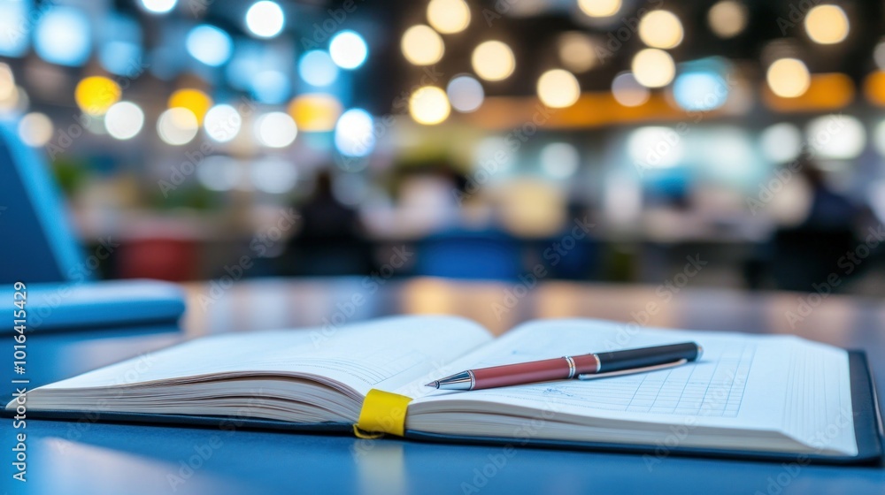 Poster an open notebook with a pen on a desk, surrounded by a blurred, busy background.