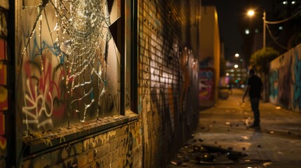 Obraz premium Dark alleyway at night with shadowy figures symbolizing gang violence, broken window and graffiti-covered wall under harsh streetlight glow.