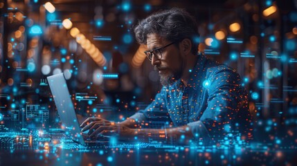 Focused Professional Working on Laptop with Data Overlay