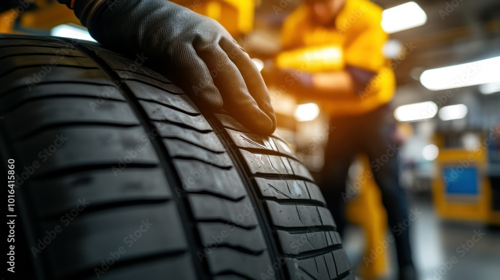 Poster a mechanic inspects a tire in a workshop, focusing on tread depth and condition.