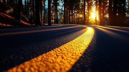 Winding road through a sunlit forest, showcasing natural beauty and tranquility at sunset.
