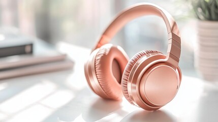 Naklejka premium Rose gold headphones on a white table, catching light to highlight the sleek metallic design