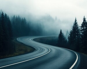 Naklejka premium Winding road through misty forest with tall trees and dramatic fog.