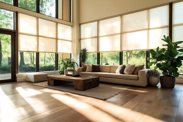 Fototapeta premium Spacious living room with large windows, roller blinds, a beige sofa with cushions, wooden coffee table, and potted plants in a bright, modern interior.
