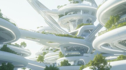 Photorealistic Futuristic Architectural Wonders Concept Art of Eco-Friendly Residential Complex with Modular Units, Green Terraces, and Smart Lighting