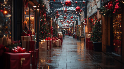 Naklejka premium A hall with stores decorated for Christmas 