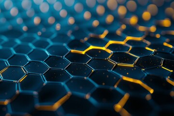 Obraz premium Abstract background with hexagonal golden glowing elements, dark blue and yellow colors.