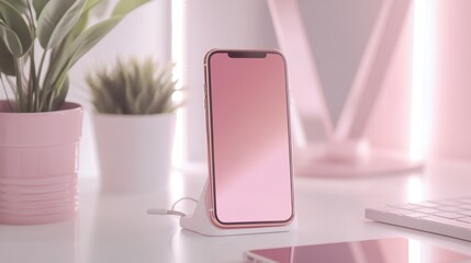 Rose gold iPhone charging on a white desk, surrounded by minimalist decor and soft lighting