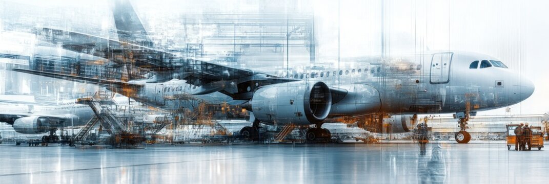 A modern aircraft in a hangar, showcasing industrial design and maintenance activities.